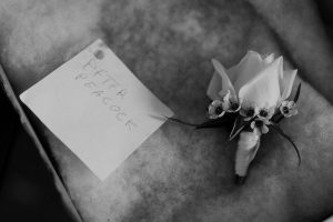 grooms corsage in black and white